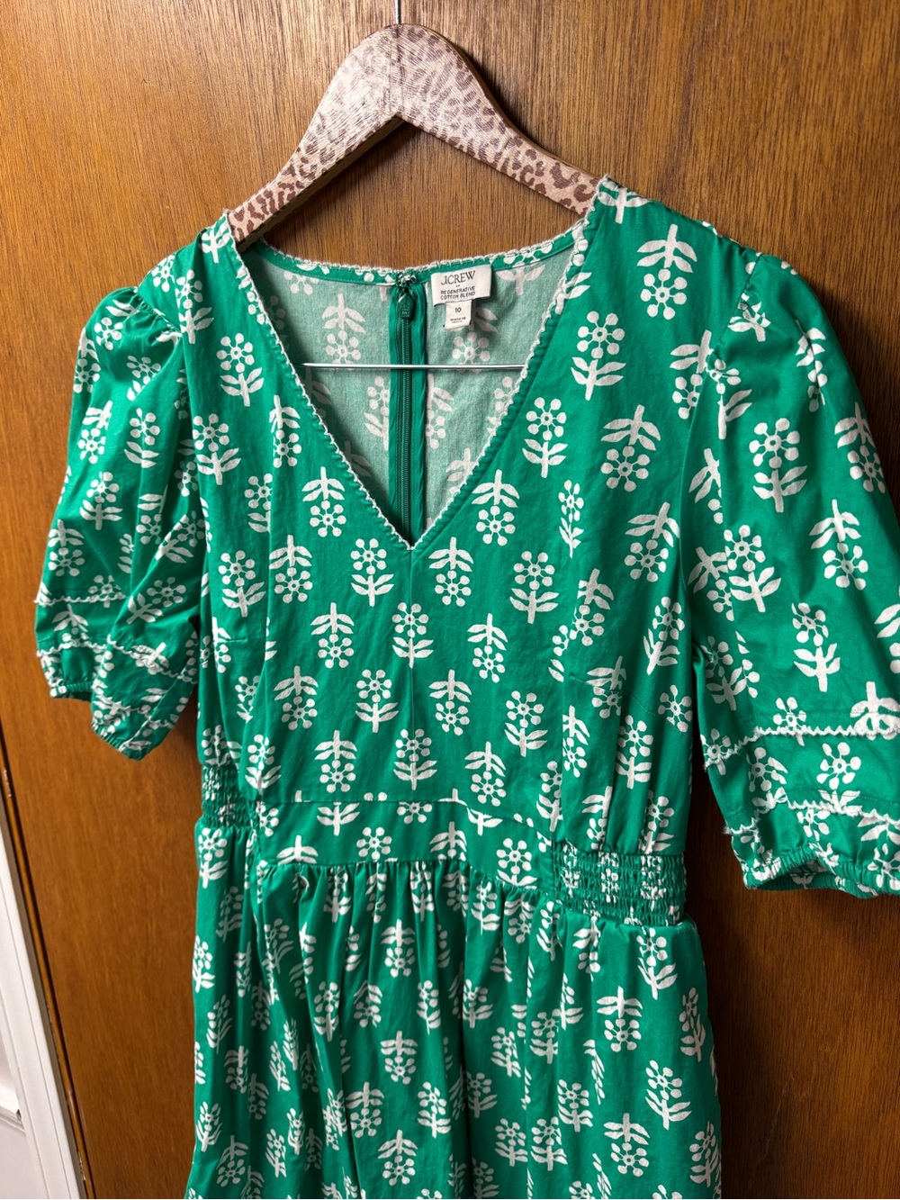 J. Crew Factory Block-Print Puff-Sleeve Midi Dress Emerald Beryl 10 - Picture 12 of 16